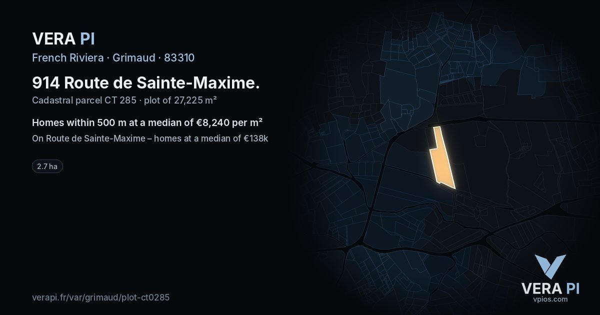 914 Route de Sainte-Maxime, Grimaud at night – the plot lit, the parcels around coloured by the prices near them
