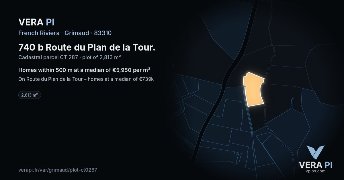 740 b Route du Plan de la Tour, Grimaud at night – the plot lit, the parcels around coloured by the prices near them