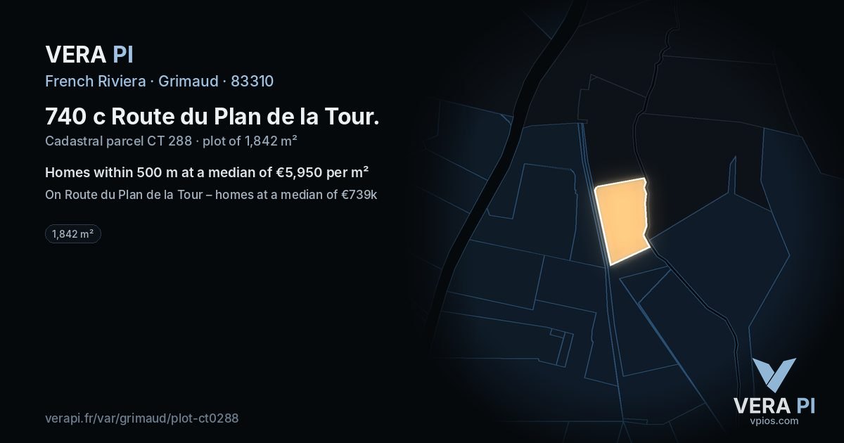 740 c Route du Plan de la Tour, Grimaud at night – the plot lit, the parcels around coloured by the prices near them