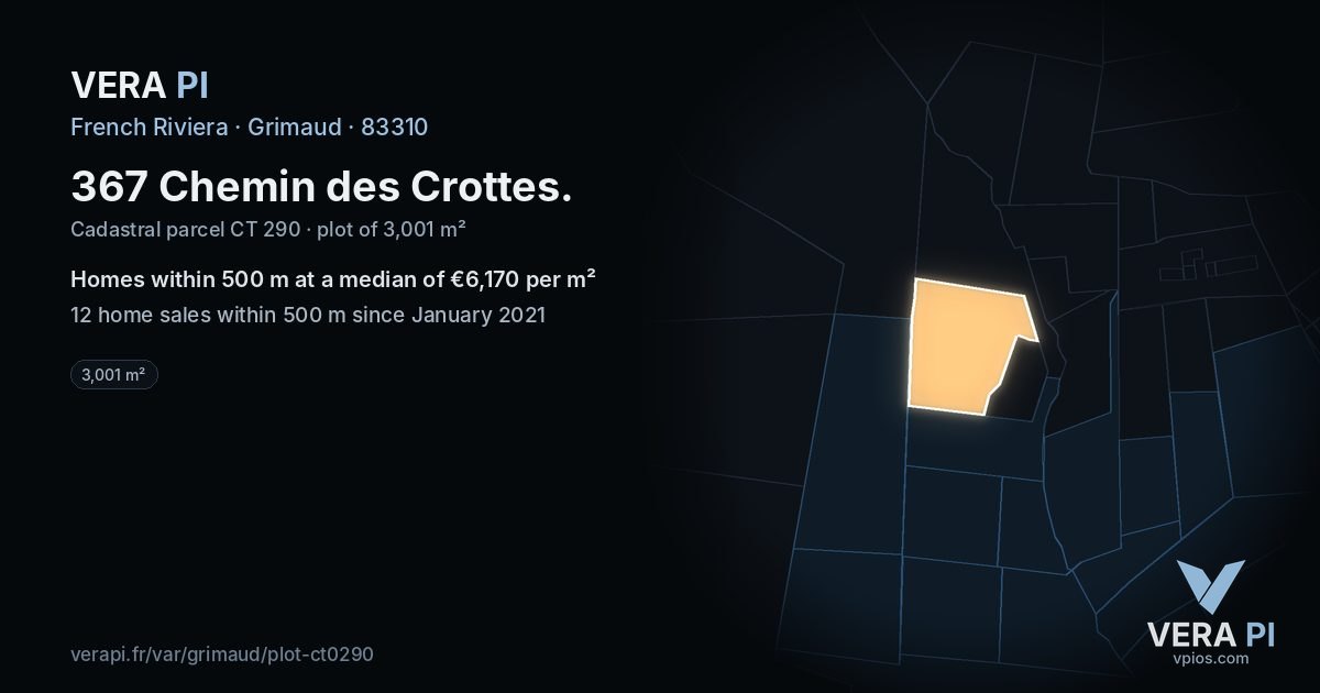 367 Chemin des Crottes, Grimaud at night – the plot lit, the parcels around coloured by the prices near them