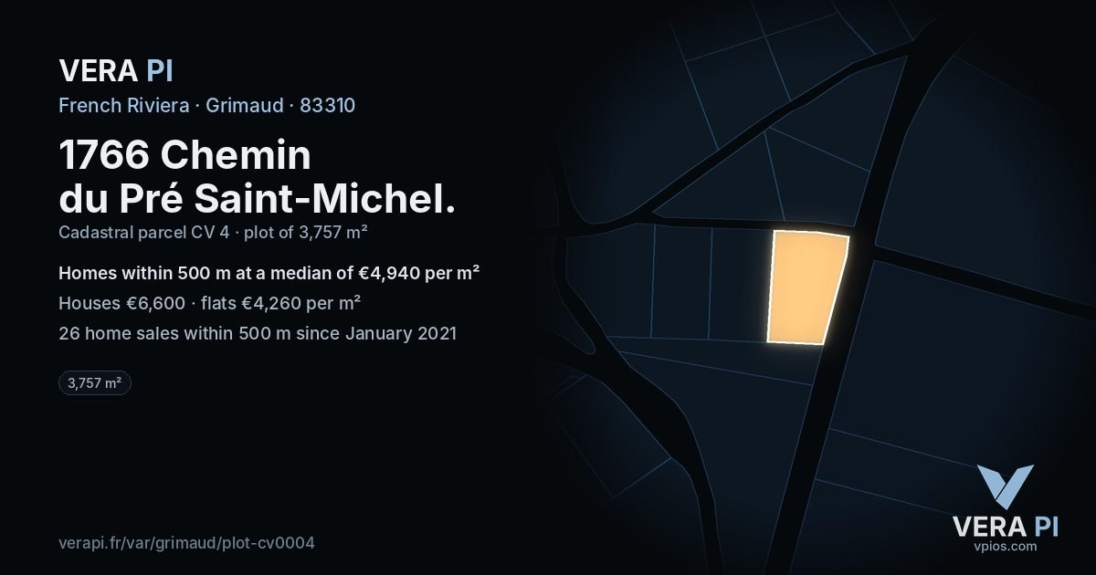 1766 Chemin du Pré Saint-Michel, Grimaud at night – the plot lit, the parcels around coloured by the prices near them