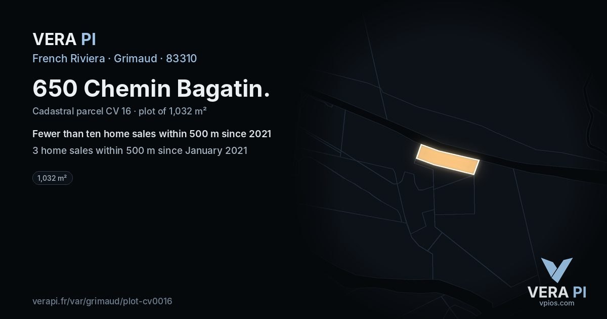 650 Chemin Bagatin, Grimaud at night – the plot lit, the parcels around coloured by the prices near them