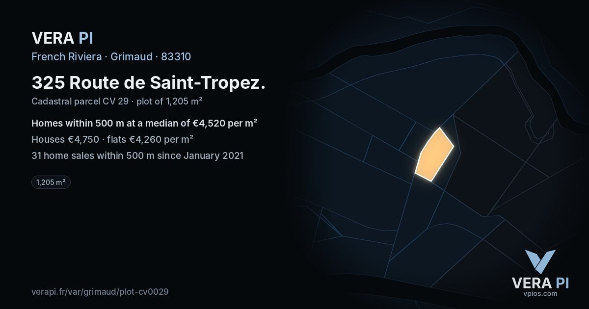 325 Route de Saint-Tropez, Grimaud at night – the plot lit, the parcels around coloured by the prices near them