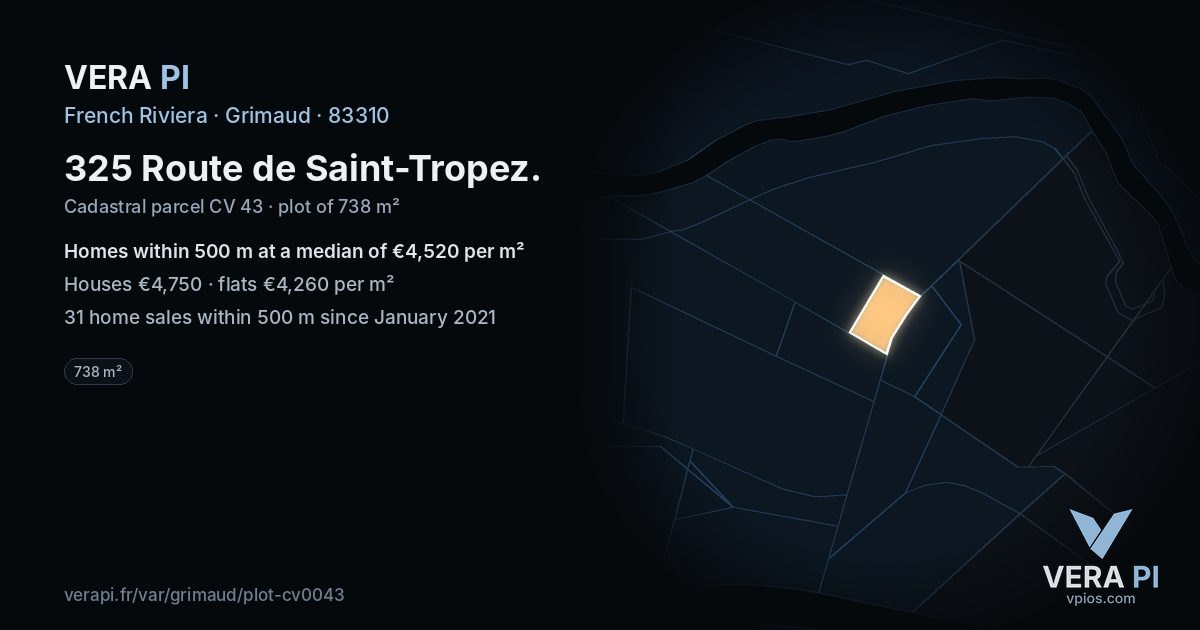 325 Route de Saint-Tropez, Grimaud at night – the plot lit, the parcels around coloured by the prices near them