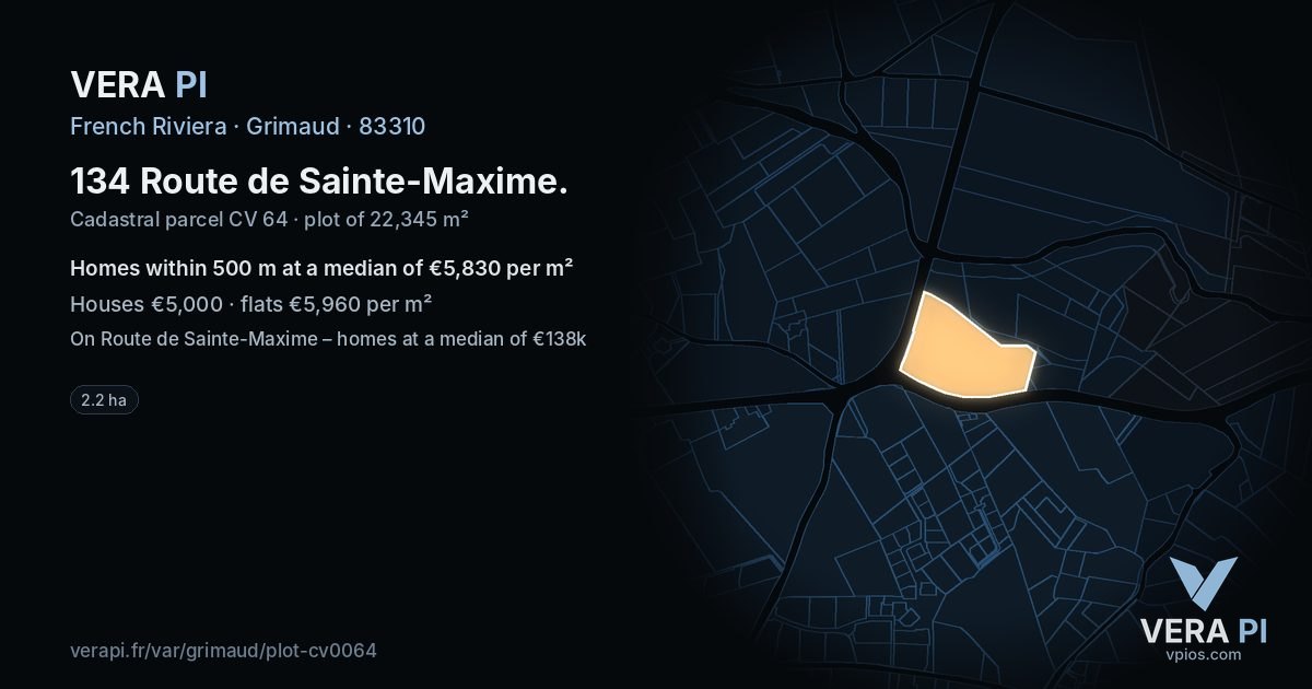 134 Route de Sainte-Maxime, Grimaud at night – the plot lit, the parcels around coloured by the prices near them
