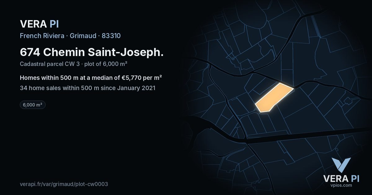 674 Chemin Saint-Joseph, Grimaud at night – the plot lit, the parcels around coloured by the prices near them