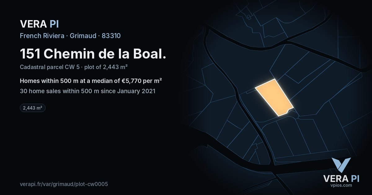 151 Chemin de la Boal, Grimaud at night – the plot lit, the parcels around coloured by the prices near them