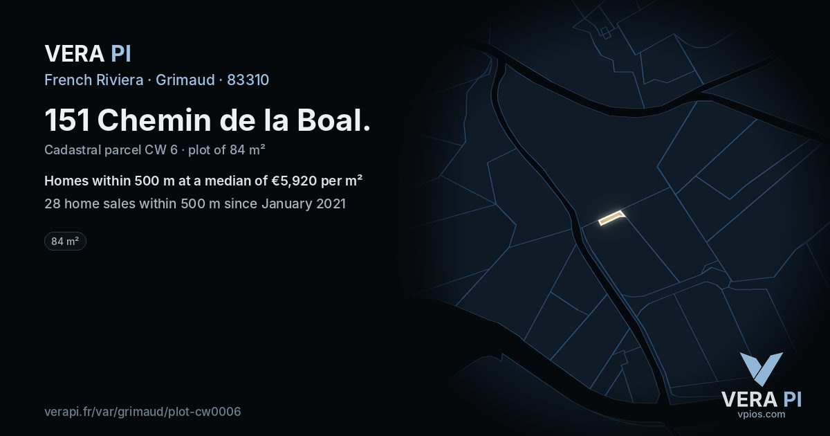 151 Chemin de la Boal, Grimaud at night – the plot lit, the parcels around coloured by the prices near them