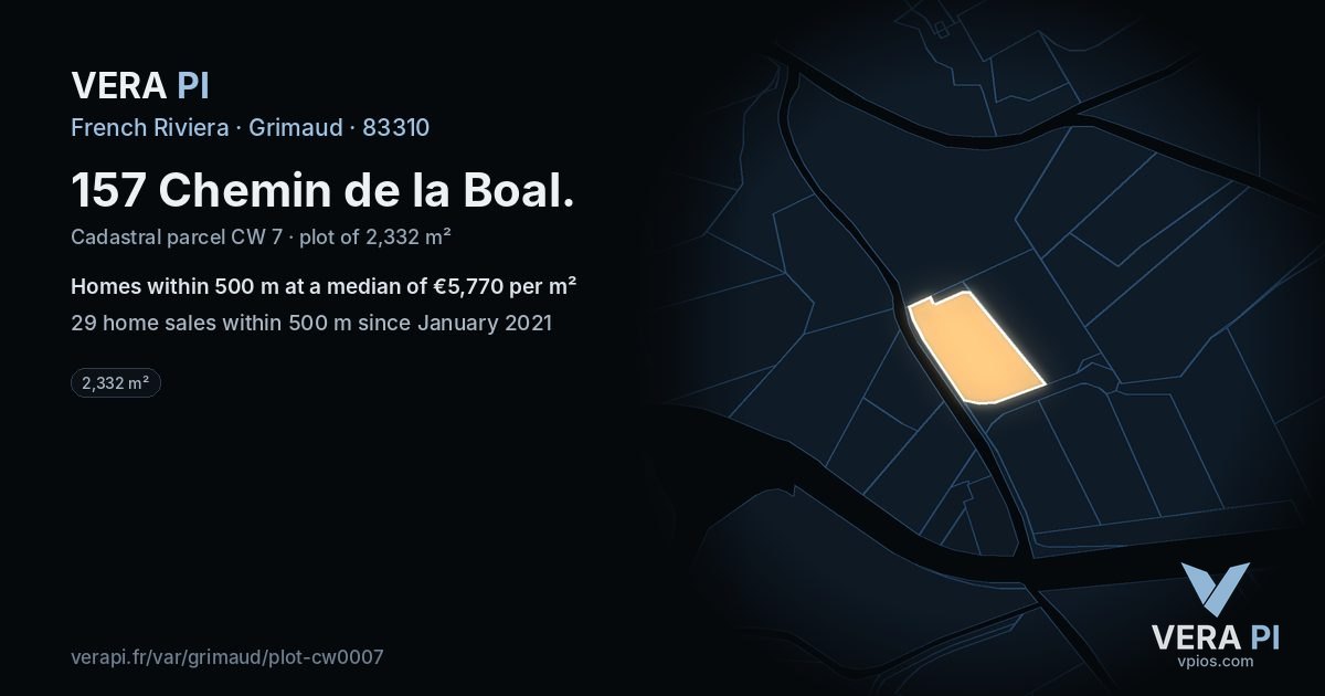 157 Chemin de la Boal, Grimaud at night – the plot lit, the parcels around coloured by the prices near them