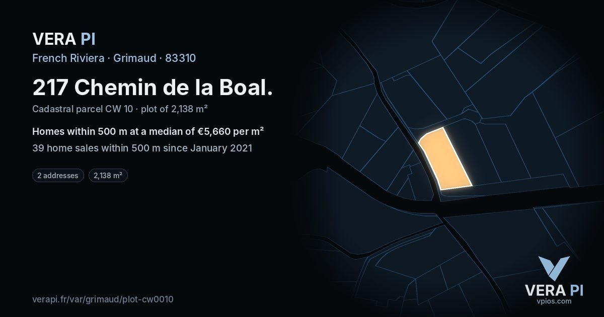 217 Chemin de la Boal, Grimaud at night – the plot lit, the parcels around coloured by the prices near them