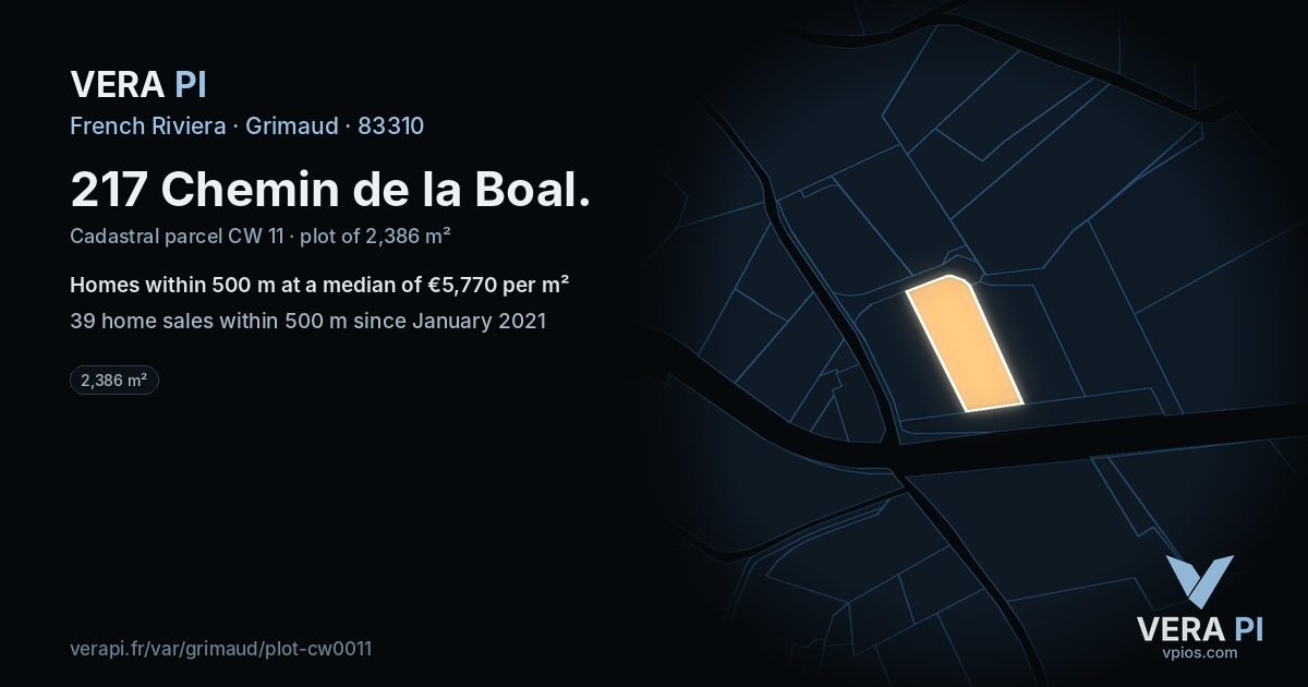 217 Chemin de la Boal, Grimaud at night – the plot lit, the parcels around coloured by the prices near them