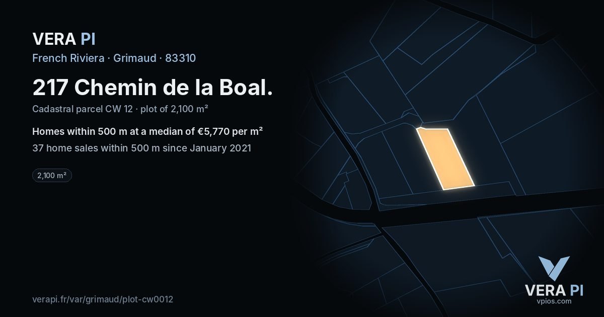 217 Chemin de la Boal, Grimaud at night – the plot lit, the parcels around coloured by the prices near them