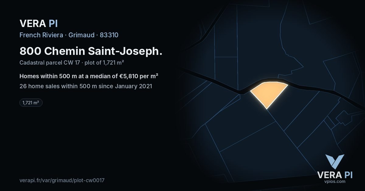 800 Chemin Saint-Joseph, Grimaud at night – the plot lit, the parcels around coloured by the prices near them