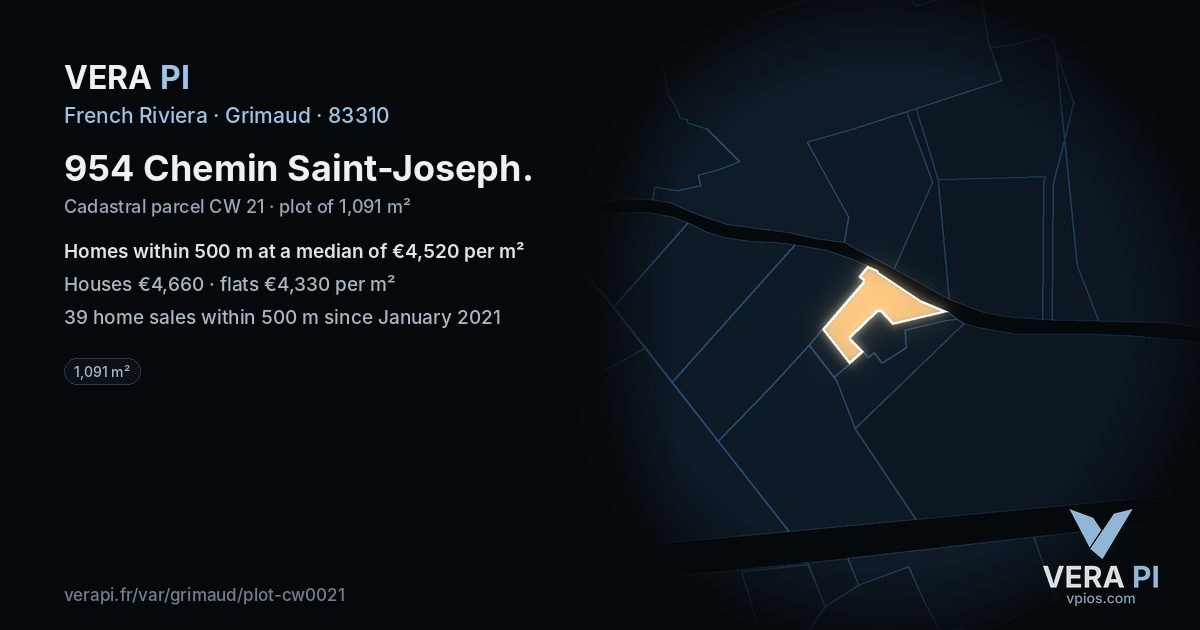 954 Chemin Saint-Joseph, Grimaud at night – the plot lit, the parcels around coloured by the prices near them