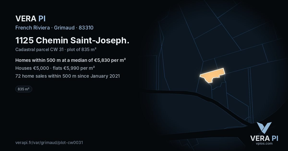 1125 Chemin Saint-Joseph, Grimaud at night – the plot lit, the parcels around coloured by the prices near them