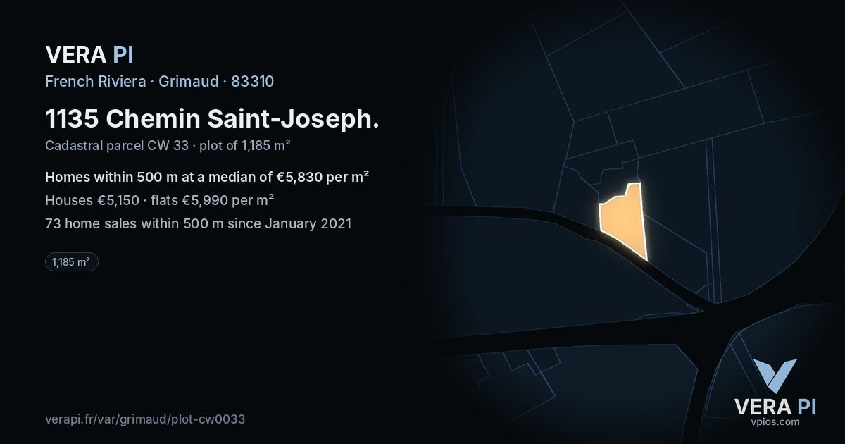 1135 Chemin Saint-Joseph, Grimaud at night – the plot lit, the parcels around coloured by the prices near them