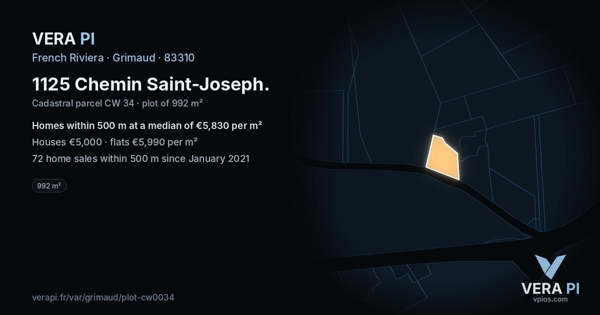 1125 Chemin Saint-Joseph, Grimaud at night – the plot lit, the parcels around coloured by the prices near them