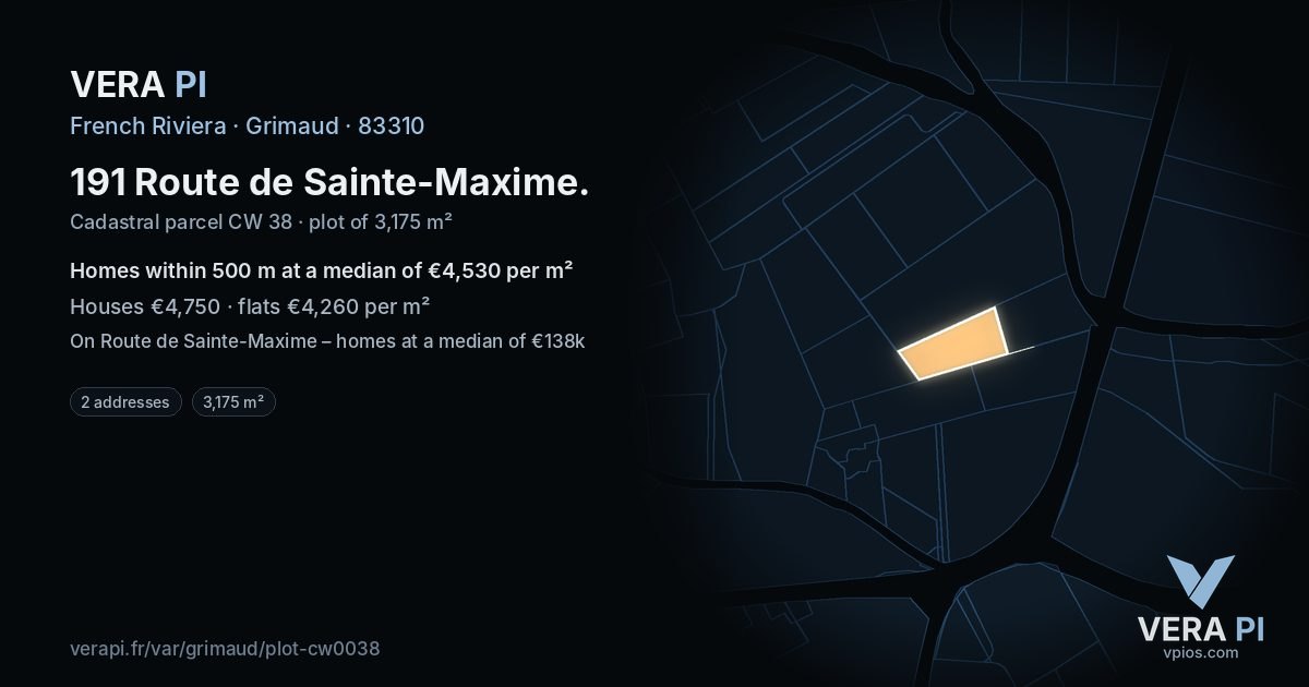 191 Route de Sainte-Maxime, Grimaud at night – the plot lit, the parcels around coloured by the prices near them