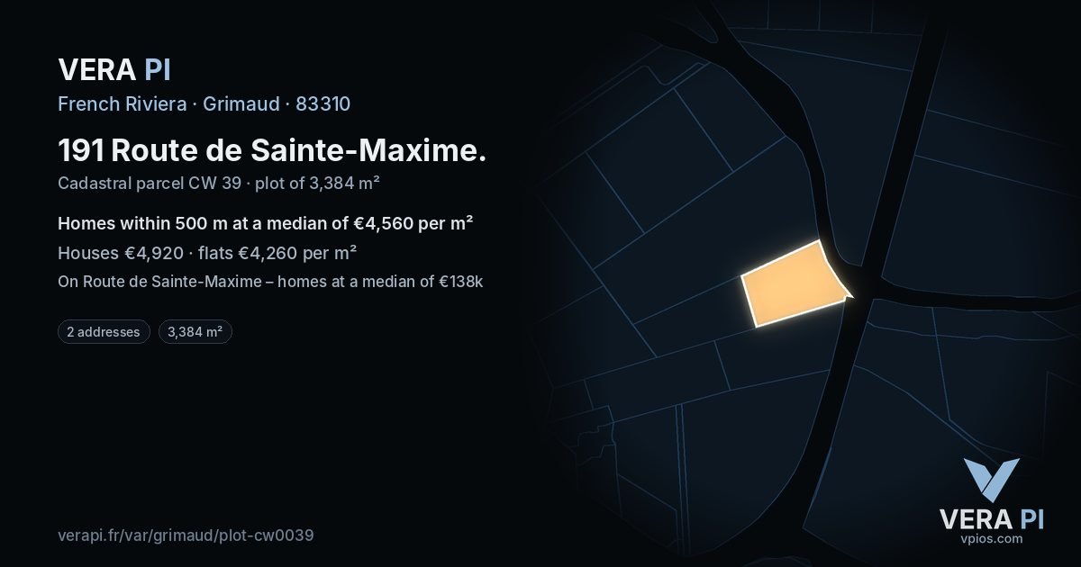 191 Route de Sainte-Maxime, Grimaud at night – the plot lit, the parcels around coloured by the prices near them