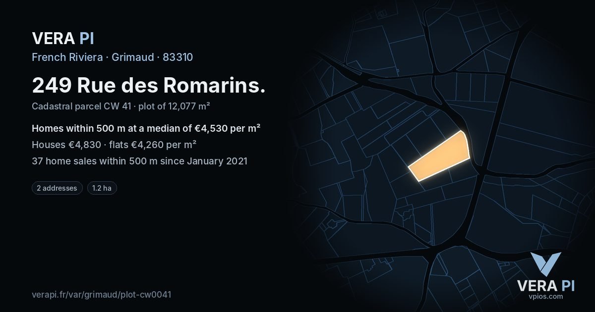 249 Rue des Romarins, Grimaud at night – the plot lit, the parcels around coloured by the prices near them