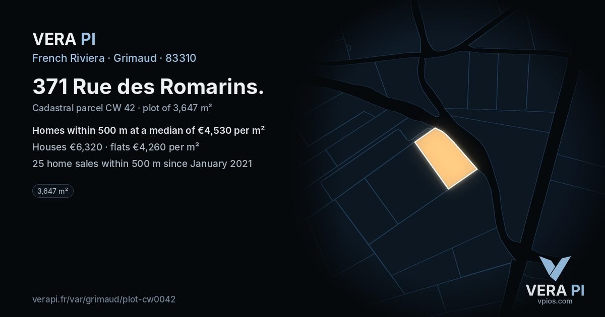 371 Rue des Romarins, Grimaud at night – the plot lit, the parcels around coloured by the prices near them