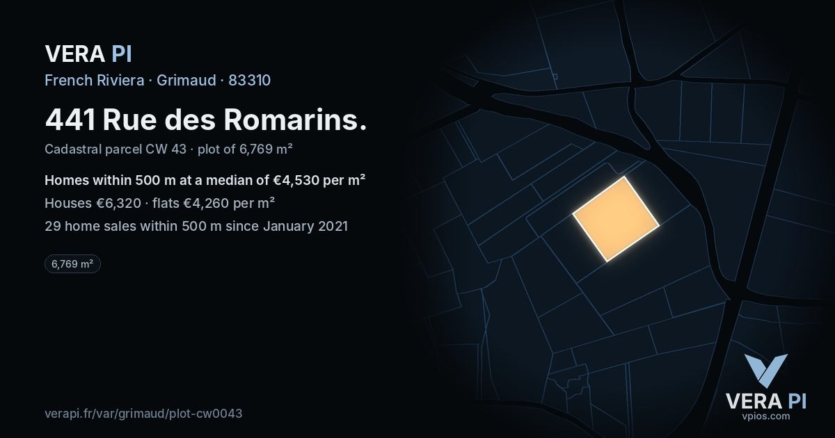 441 Rue des Romarins, Grimaud at night – the plot lit, the parcels around coloured by the prices near them