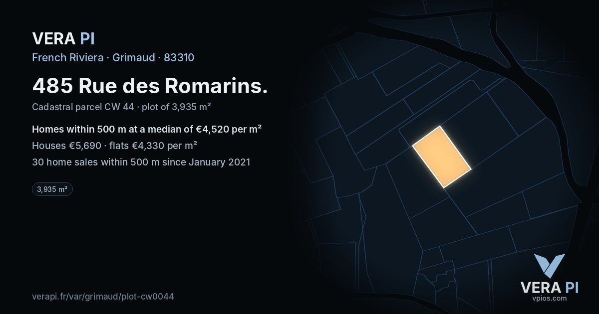 485 Rue des Romarins, Grimaud at night – the plot lit, the parcels around coloured by the prices near them