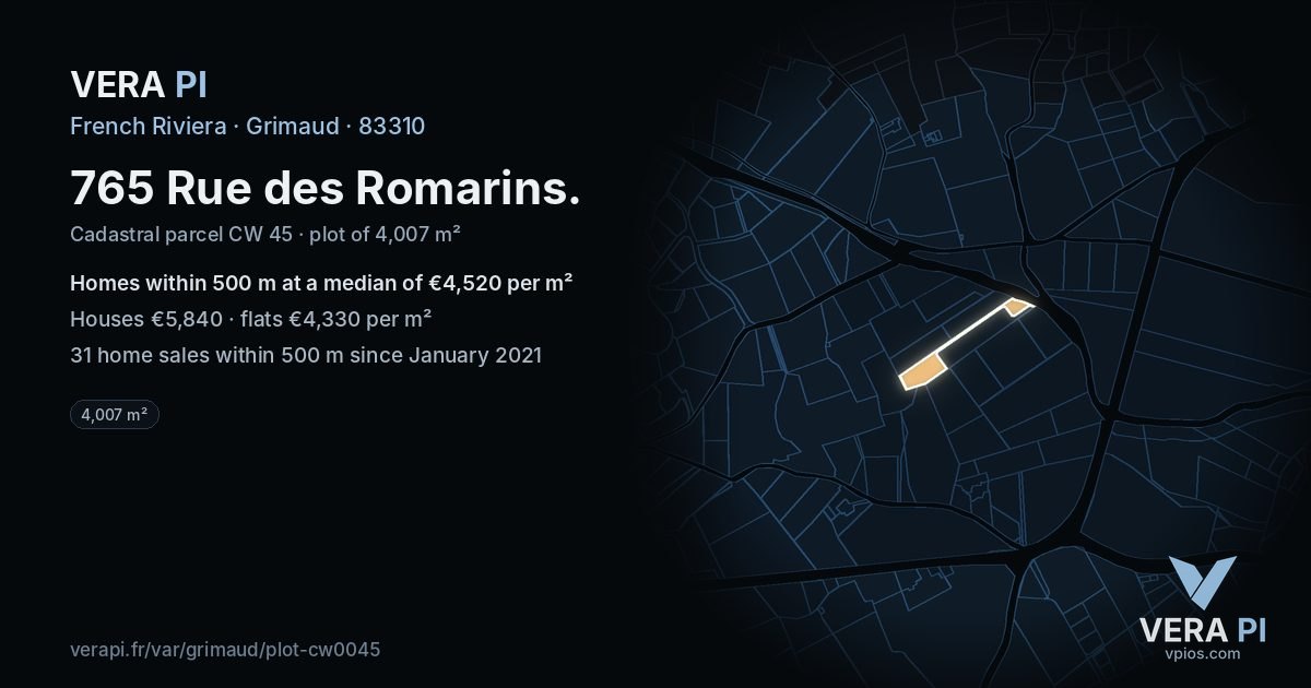 765 Rue des Romarins, Grimaud at night – the plot lit, the parcels around coloured by the prices near them