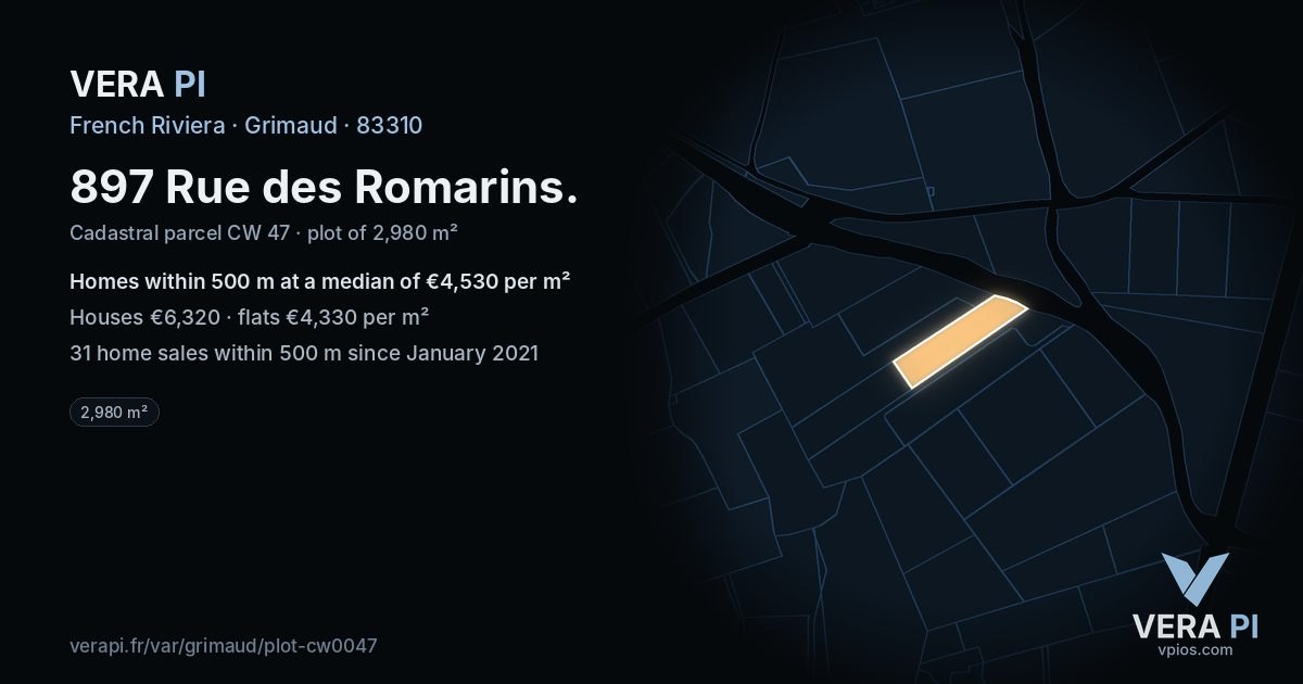 897 Rue des Romarins, Grimaud at night – the plot lit, the parcels around coloured by the prices near them