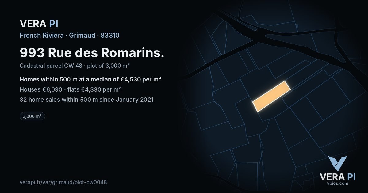 993 Rue des Romarins, Grimaud at night – the plot lit, the parcels around coloured by the prices near them