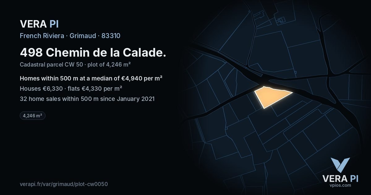 498 Chemin de la Calade, Grimaud at night – the plot lit, the parcels around coloured by the prices near them
