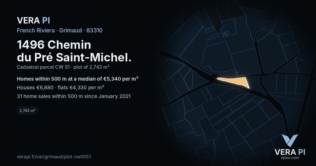 1496 Chemin du Pré Saint-Michel, Grimaud at night – the plot lit, the parcels around coloured by the prices near them