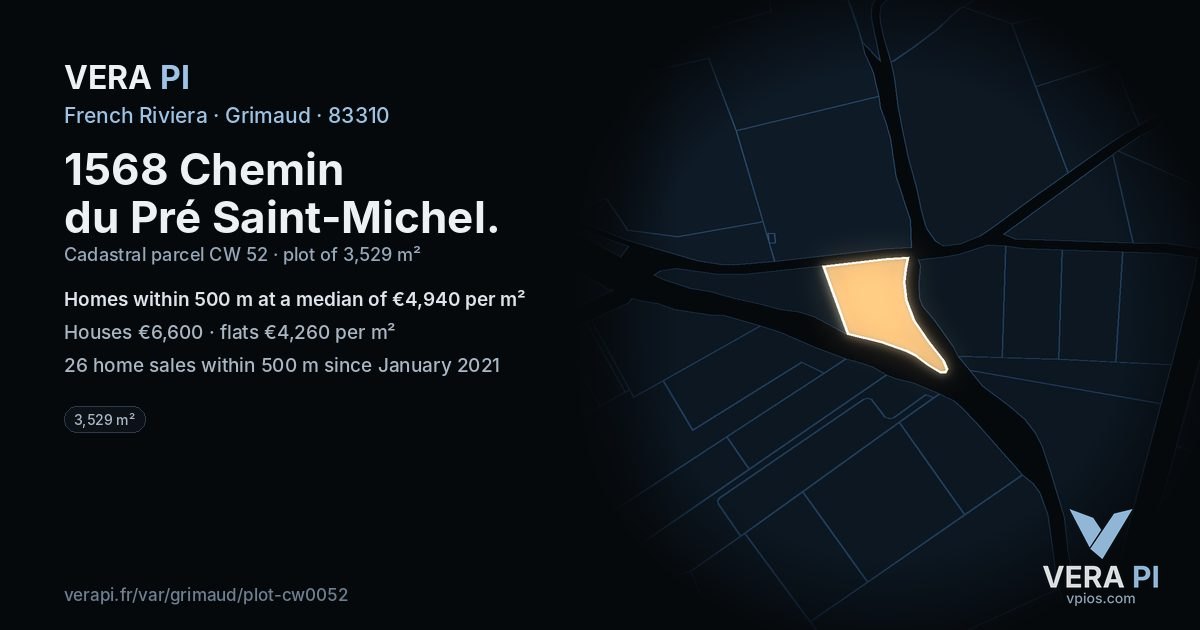 1568 Chemin du Pré Saint-Michel, Grimaud at night – the plot lit, the parcels around coloured by the prices near them