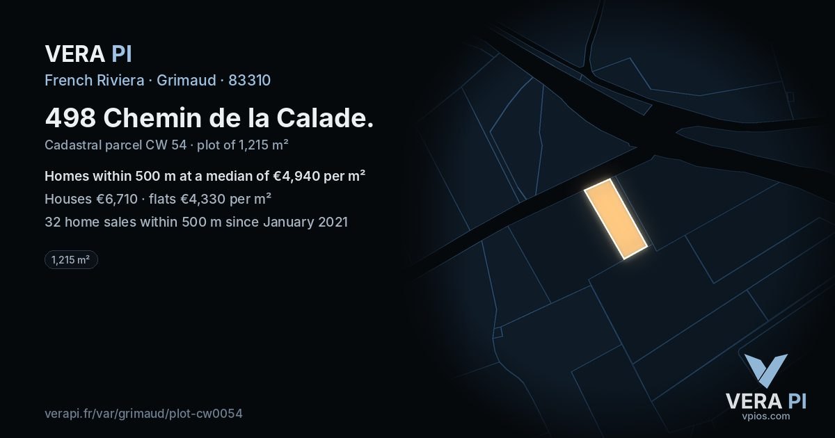 498 Chemin de la Calade, Grimaud at night – the plot lit, the parcels around coloured by the prices near them