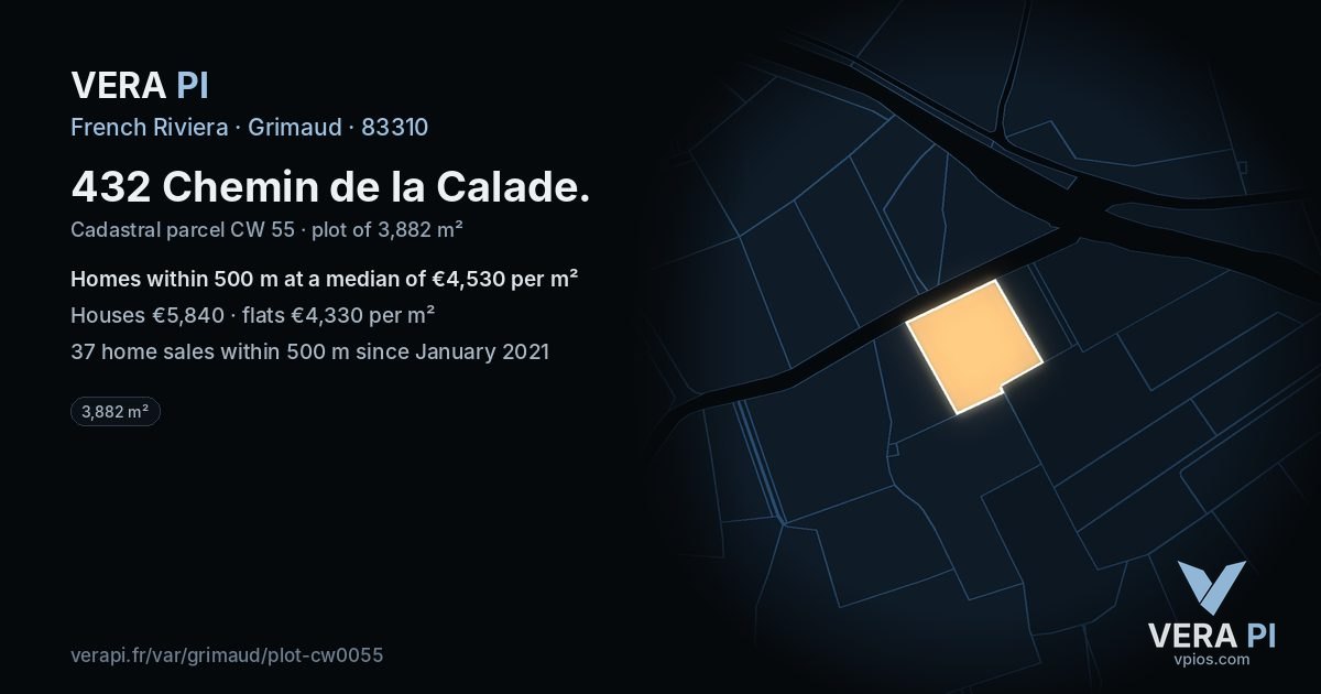 432 Chemin de la Calade, Grimaud at night – the plot lit, the parcels around coloured by the prices near them