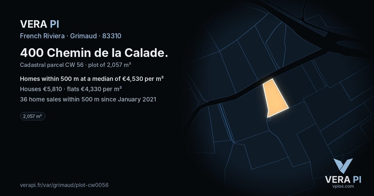 400 Chemin de la Calade, Grimaud at night – the plot lit, the parcels around coloured by the prices near them