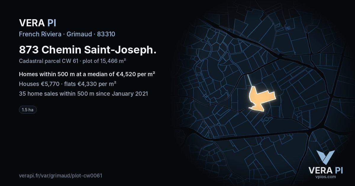 873 Chemin Saint-Joseph, Grimaud at night – the plot lit, the parcels around coloured by the prices near them