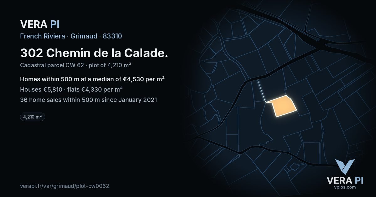 302 Chemin de la Calade, Grimaud at night – the plot lit, the parcels around coloured by the prices near them