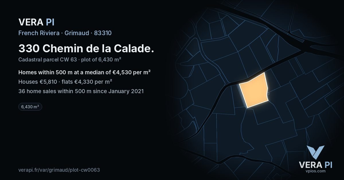 330 Chemin de la Calade, Grimaud at night – the plot lit, the parcels around coloured by the prices near them