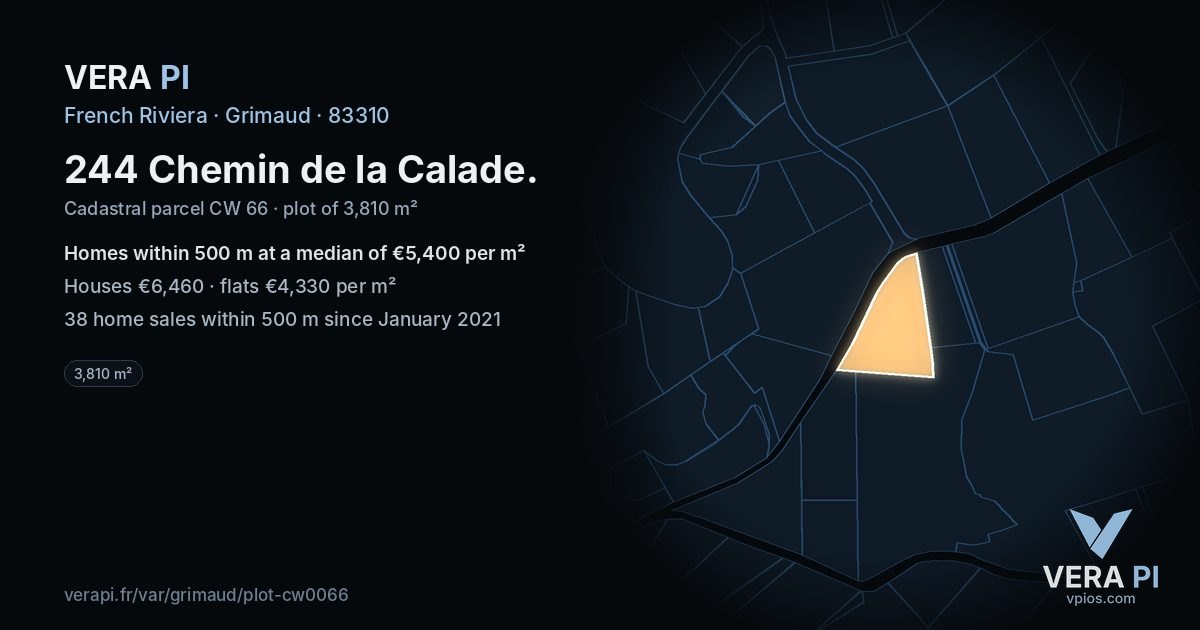 244 Chemin de la Calade, Grimaud at night – the plot lit, the parcels around coloured by the prices near them