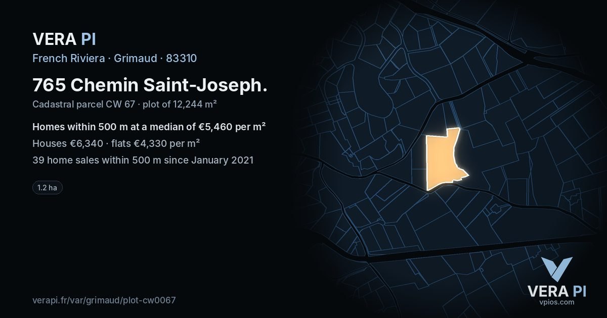 765 Chemin Saint-Joseph, Grimaud at night – the plot lit, the parcels around coloured by the prices near them