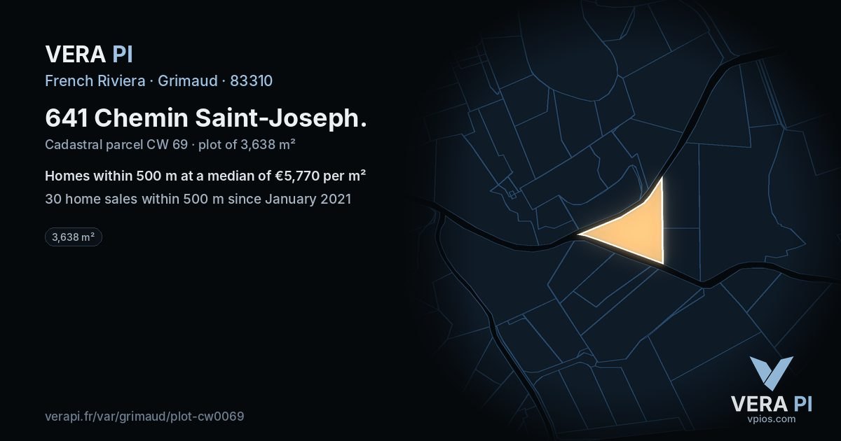 641 Chemin Saint-Joseph, Grimaud at night – the plot lit, the parcels around coloured by the prices near them