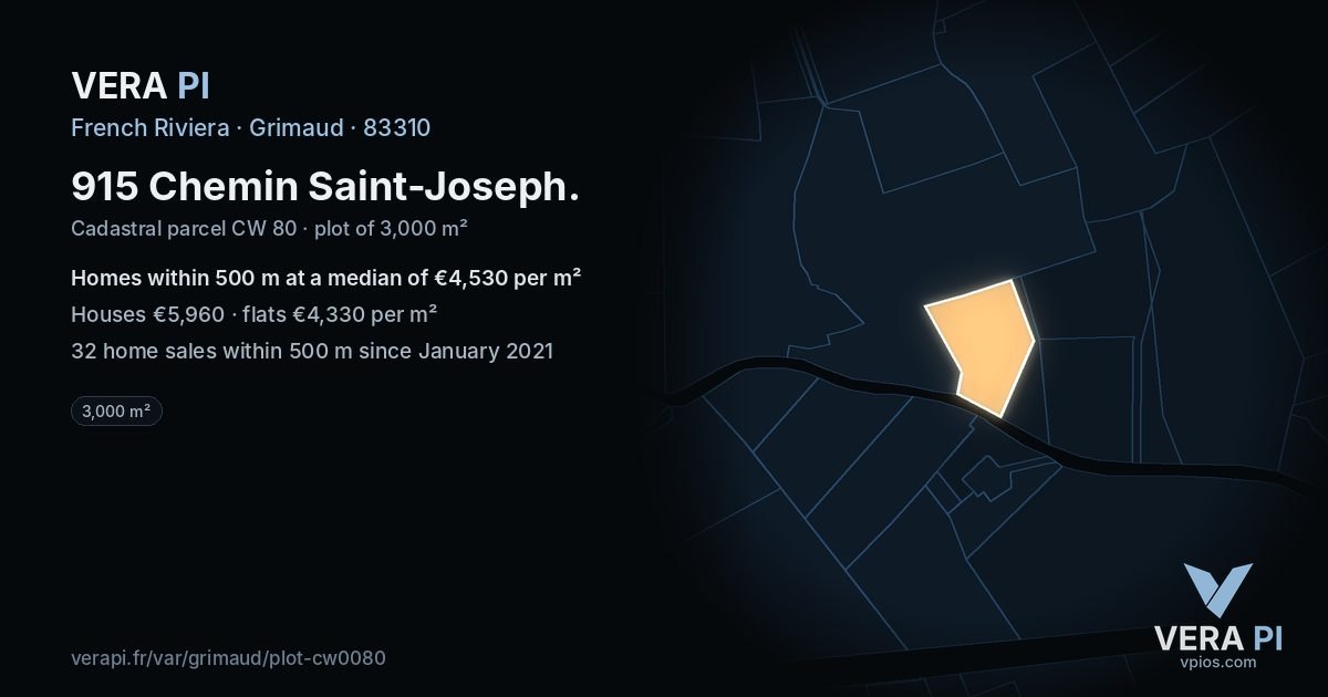 915 Chemin Saint-Joseph, Grimaud at night – the plot lit, the parcels around coloured by the prices near them