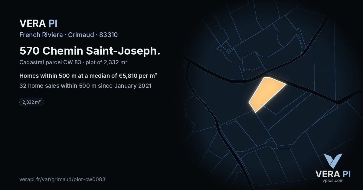 570 Chemin Saint-Joseph, Grimaud at night – the plot lit, the parcels around coloured by the prices near them