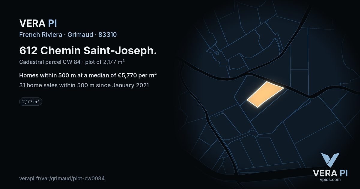 612 Chemin Saint-Joseph, Grimaud at night – the plot lit, the parcels around coloured by the prices near them