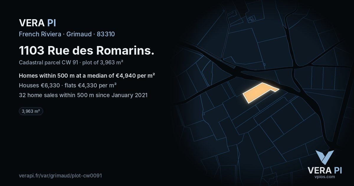 1103 Rue des Romarins, Grimaud at night – the plot lit, the parcels around coloured by the prices near them