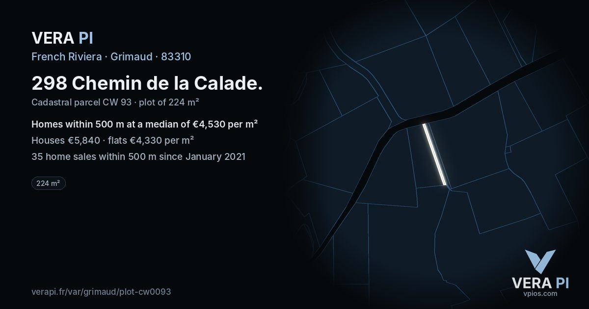 298 Chemin de la Calade, Grimaud at night – the plot lit, the parcels around coloured by the prices near them