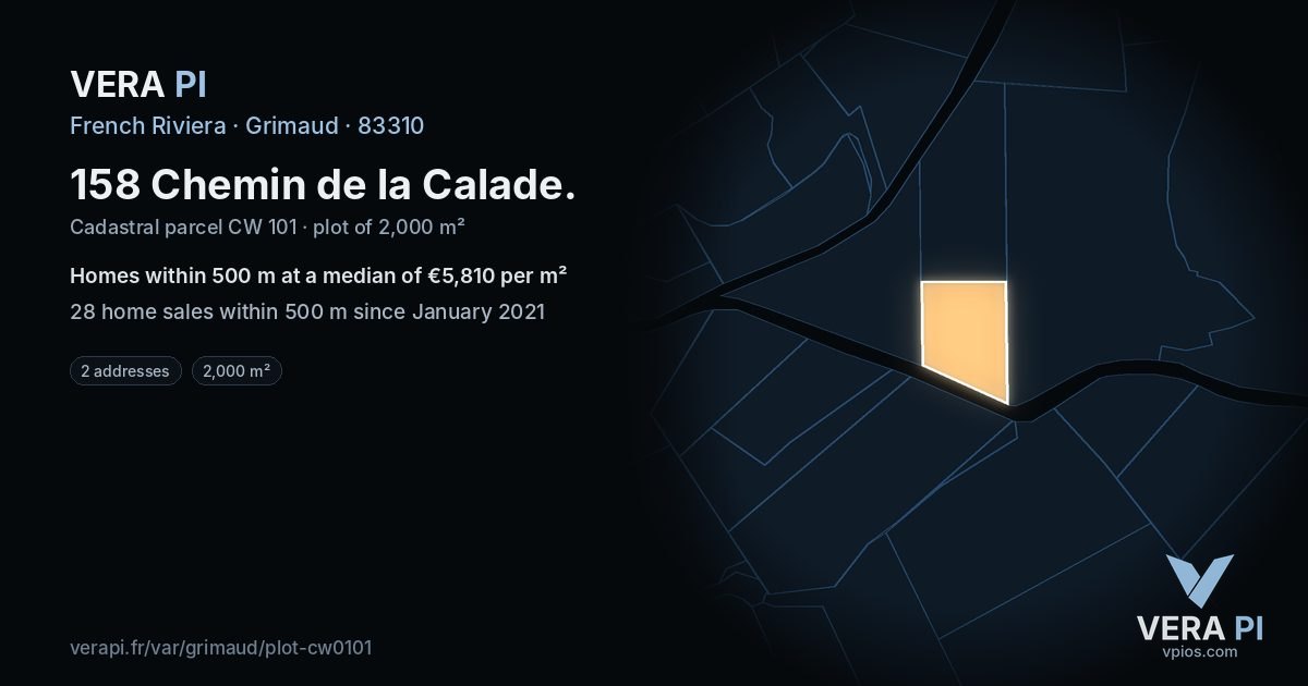 158 Chemin de la Calade, Grimaud at night – the plot lit, the parcels around coloured by the prices near them