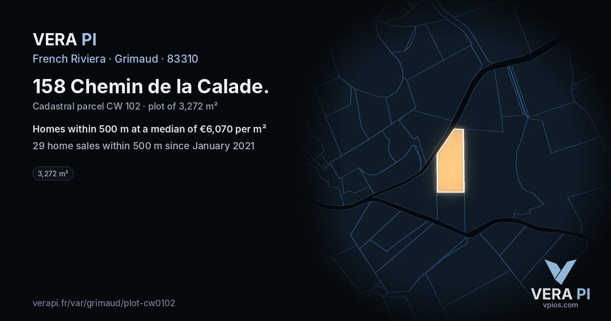 158 Chemin de la Calade, Grimaud at night – the plot lit, the parcels around coloured by the prices near them