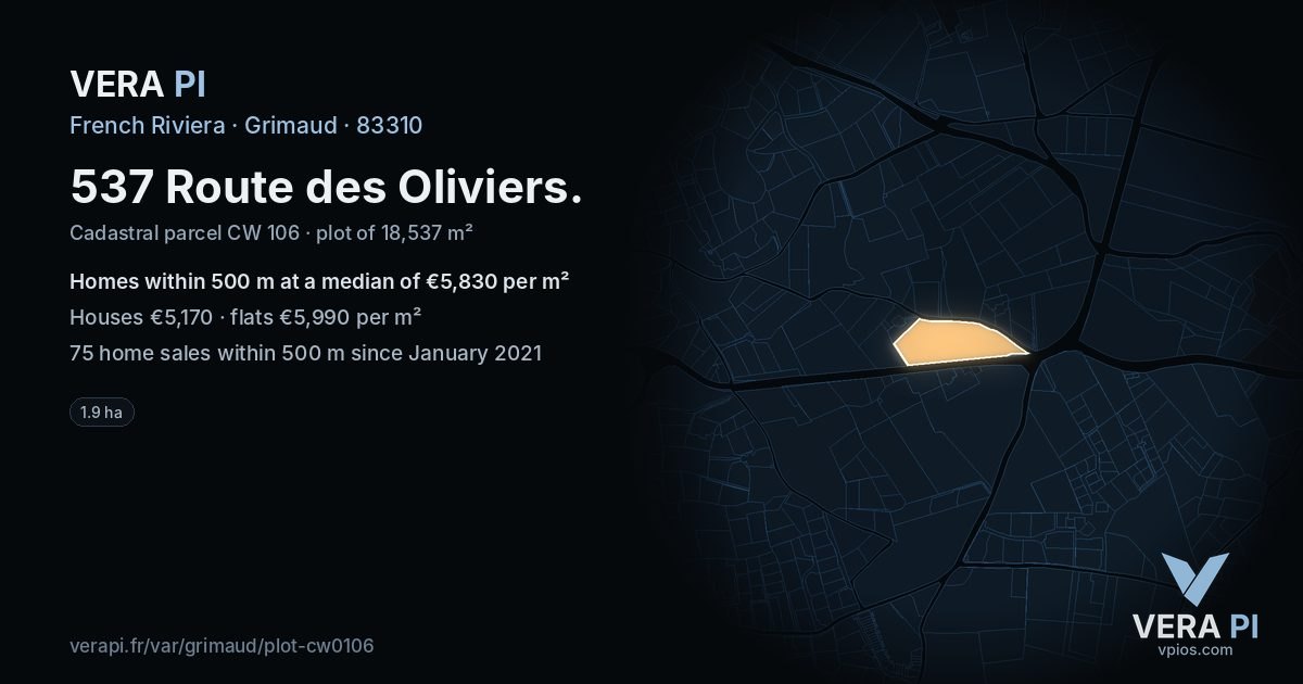 537 Route des Oliviers, Grimaud at night – the plot lit, the parcels around coloured by the prices near them
